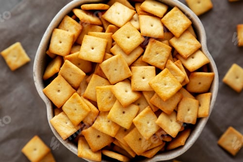 Preview: Salty Cheese Cracker Squares in a Bowl, top view. Overhead, from above.