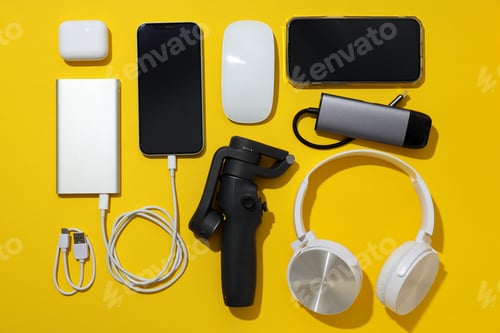 Preview: Power bank with gadgets on a yellow background