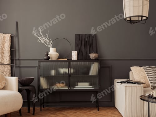 Preview: Elegant living room interior with sofa coffee table rug and personal accessories Home decor Template