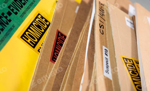 Preview: Files and evidence bag in a crime lab, conceptual image