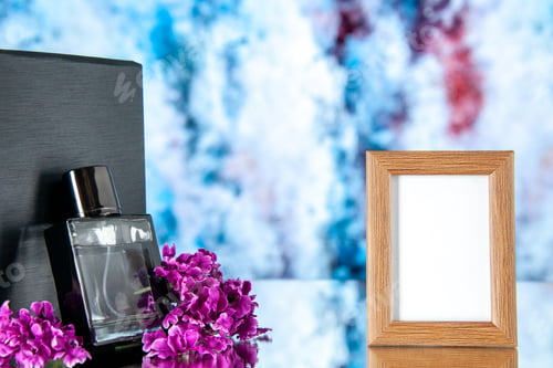Preview: front view black expensive fragnance with picture frame on the light blue background flower present