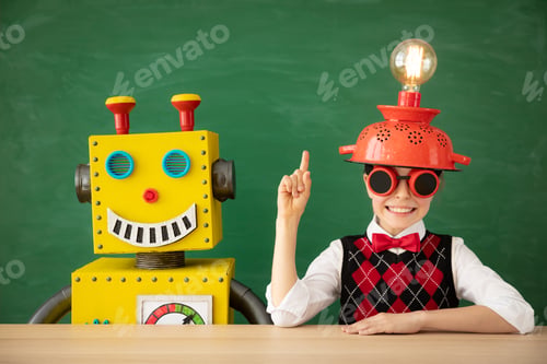 Preview: Happy child with toy robot in school