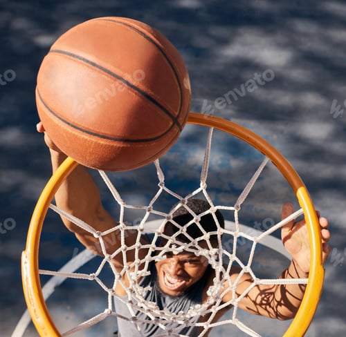 Preview: Basketball sports, black man and top view of dunk at basketball court, training game or match. Fitn