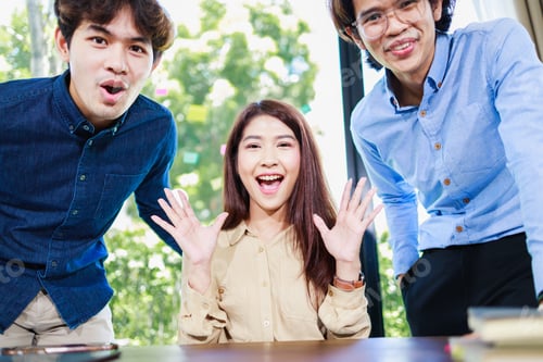 Preview: Teamwork, Success of business people concept and home working. Happy Three Business people