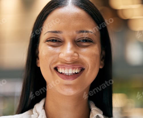 Preview: Portrait, happy and mindset with a black woman smiling while feeling cheerful, carefree or positive