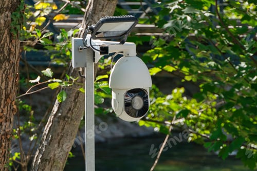 Preview: a white camera hanging on a pole outside with trees in the background