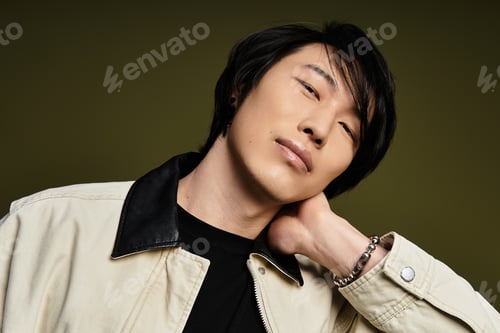 Preview: Stylish young asian man poses confidently in modern studio setting