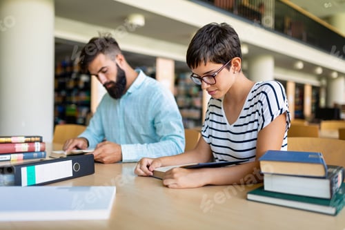 Preview: Education friendship people concept. Group of happy students learning together in college library
