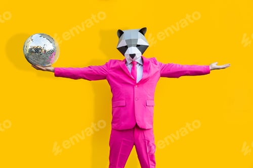 Preview: Man with funny low poly mask on colored background