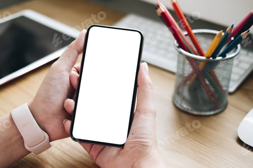 Preview: woman using Smartphone. Blank screen mobile phone for graphic display montage.networking service.