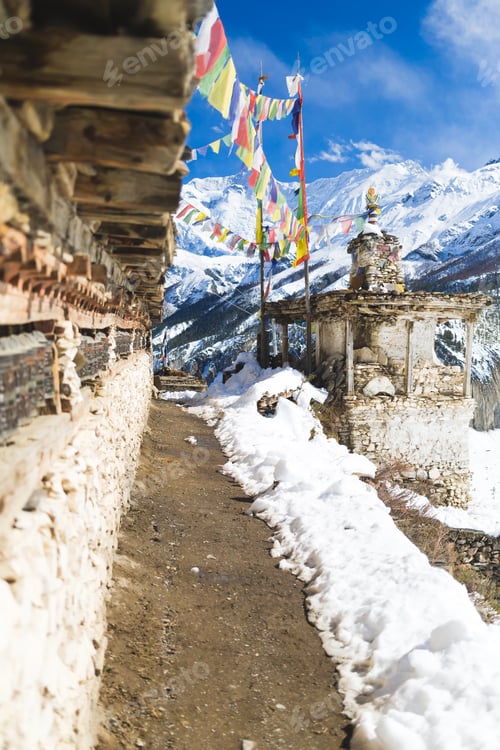 Preview: Prayer wheels in high Himalaya Mountains, Nepal village