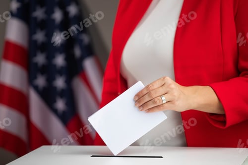 Preview: Voting women near ballot box on table against flag of USA
