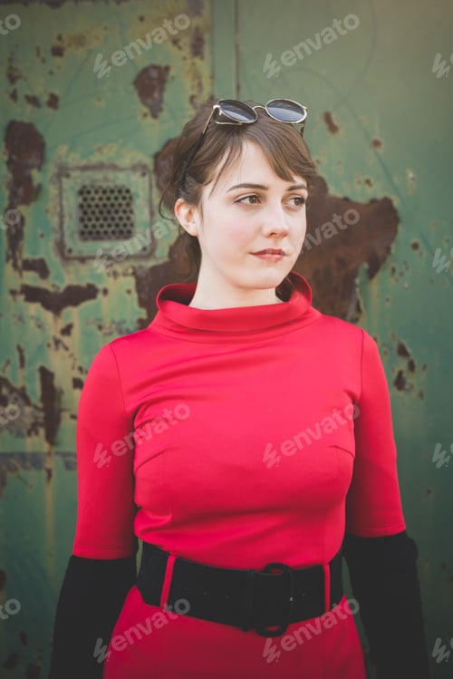 Preview: young beautiful red dressed vintage hipster woman