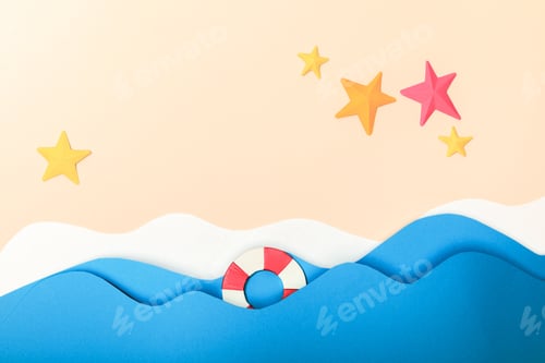 Preview: top view of paper beach with starfishes on sand near sea with waves and lifebuoy