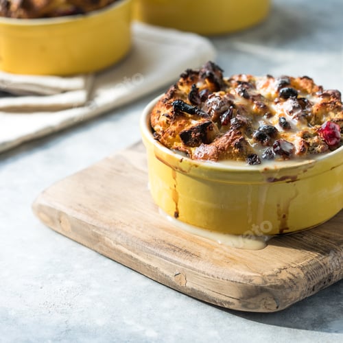 Preview: Homemade bread pudding breakfast casserole with apples and cinnamon and egg white frosting