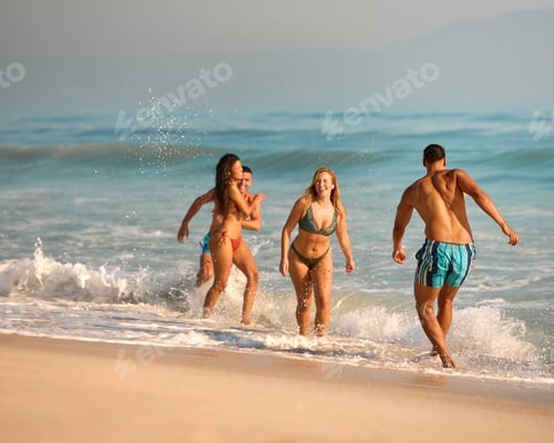Preview: Couple With Friends In Swimwear On Vacation Splashing In Waves On Shoreline