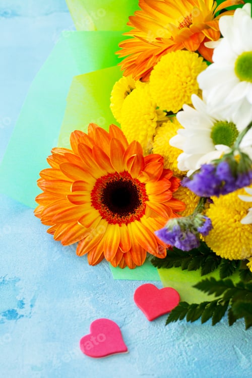 Preview: A wedding story or background Mother's Day. Bouquet of gerbera with chrysanthemums.