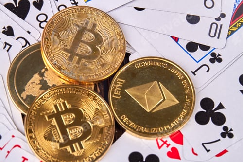 Preview: Close-up bunch of golden bitcoins and gambling cards.