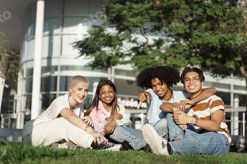 Preview: Young diverse happy student friends sitting on grass in the city park looking to the camera