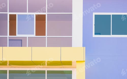 Preview: Geometric pattern background of glass window wall with yellow roof awning tile of modern building