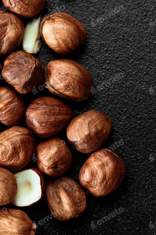 Preview: Close up of Hazelnut kernels - Food Frame Background, macro detailed close up.