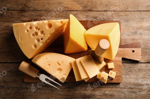 Preview: Different sorts of cheese, fork and knife on wooden table, top view