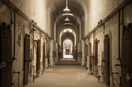 Preview: Beautiful shot of an arch-shaped corridor in an old abandoned building with many doors