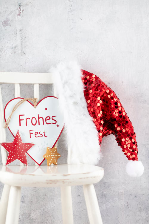 Preview: Christmas Decoration, Santa Claus Hat And Wooden Chair.