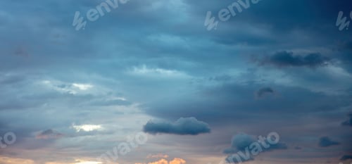 Preview: Sunset with dark cloud Cyclades island. Greece variety shade of blue cloudy sky background, space