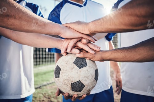 Preview: Football, hands together and collaboration for support, sports and training at stadium. Teamwork, g
