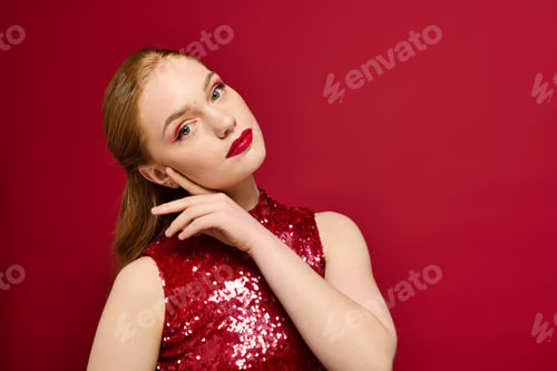 Preview: Elegant young woman showcasing style and confidence against a rich red background