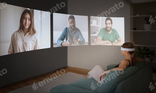 Preview: Woman Having VR Conference With Multiethnic Friends On Screen Indoor