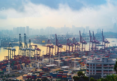 Preview: container cargo ship in the export and import business and logistics. Shipping to the harbor