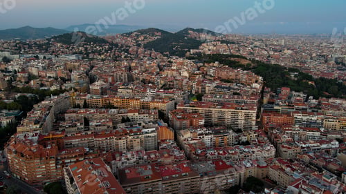 Preview: Aerial view of Barcelona city at dusk, Gracia and Horta Guinardo districts