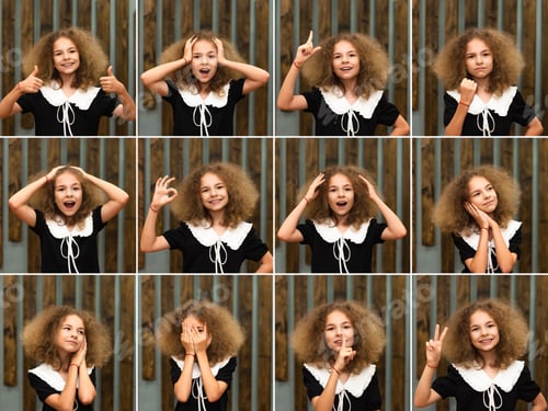 Preview: Curly child girl 10 year old in school uniform gesturing with hands
