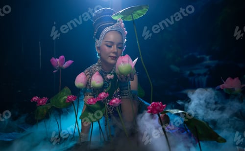 Preview: Elegant woman in traditional Southeast Asian costume dancing gracefully among lotus flowers