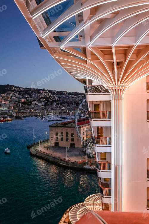 Preview: Panoramic view of port of Genoa on Mediterranean coast early morning, Genoa, Italy