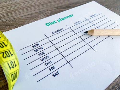 Preview: Diet plan concept. Measuring tape and diet plan on wooden background