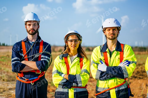 Preview: Portrait of maintenance engineers technicians working outdoor together
