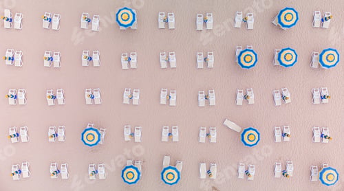 Preview: Aerial view of empty sandy beach with beach umbrellas and chairs at summer day. Black sea, Bulgaria