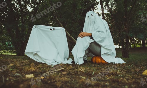 Preview: Father and son playing ghosts with white sheets in the garden, conceptual photos about halloween