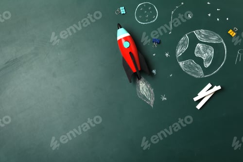 Preview: Bright toy rocket, school supplies and drawings on chalkboard, flat lay. Space for text