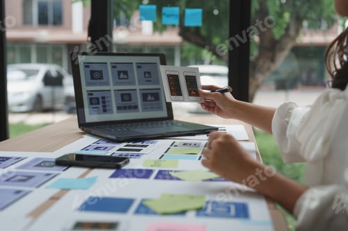 Preview: Web designer comparing mobile and desktop website layouts