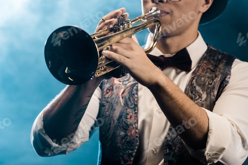 Preview: partial view of male musician playing on trumpet on stage with dramatic lighting and smoke
