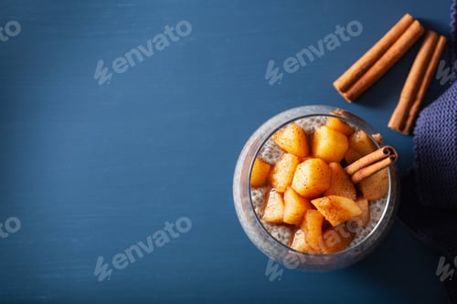 Preview: chia pudding with cinnamon simmered apples and peanut butter