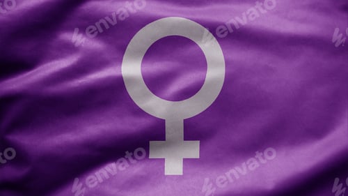 Preview: Woman gender sign with purple flag blowing soft silk. Feminism symbol concept
