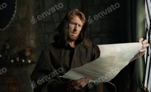 Preview: Medieval monk reading obsolete historical parchments and holy manuscripts