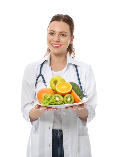 Preview: Nutritionist with fruits and vegetables on white background