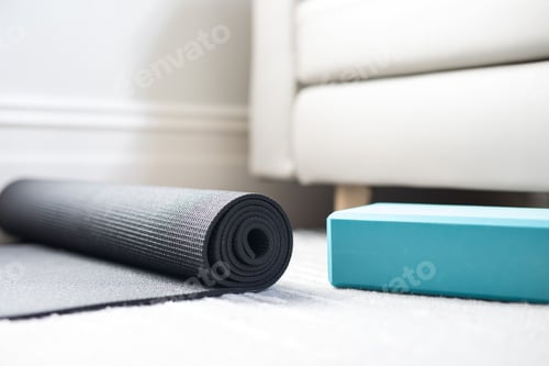 Preview: Yoga Mat and Block on White Carpet