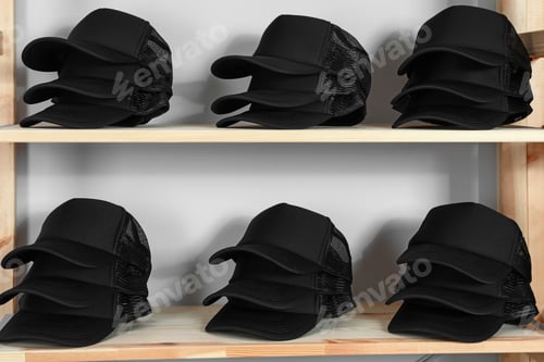 Preview: Blank black caps on wooden rack in store. Mock up for design